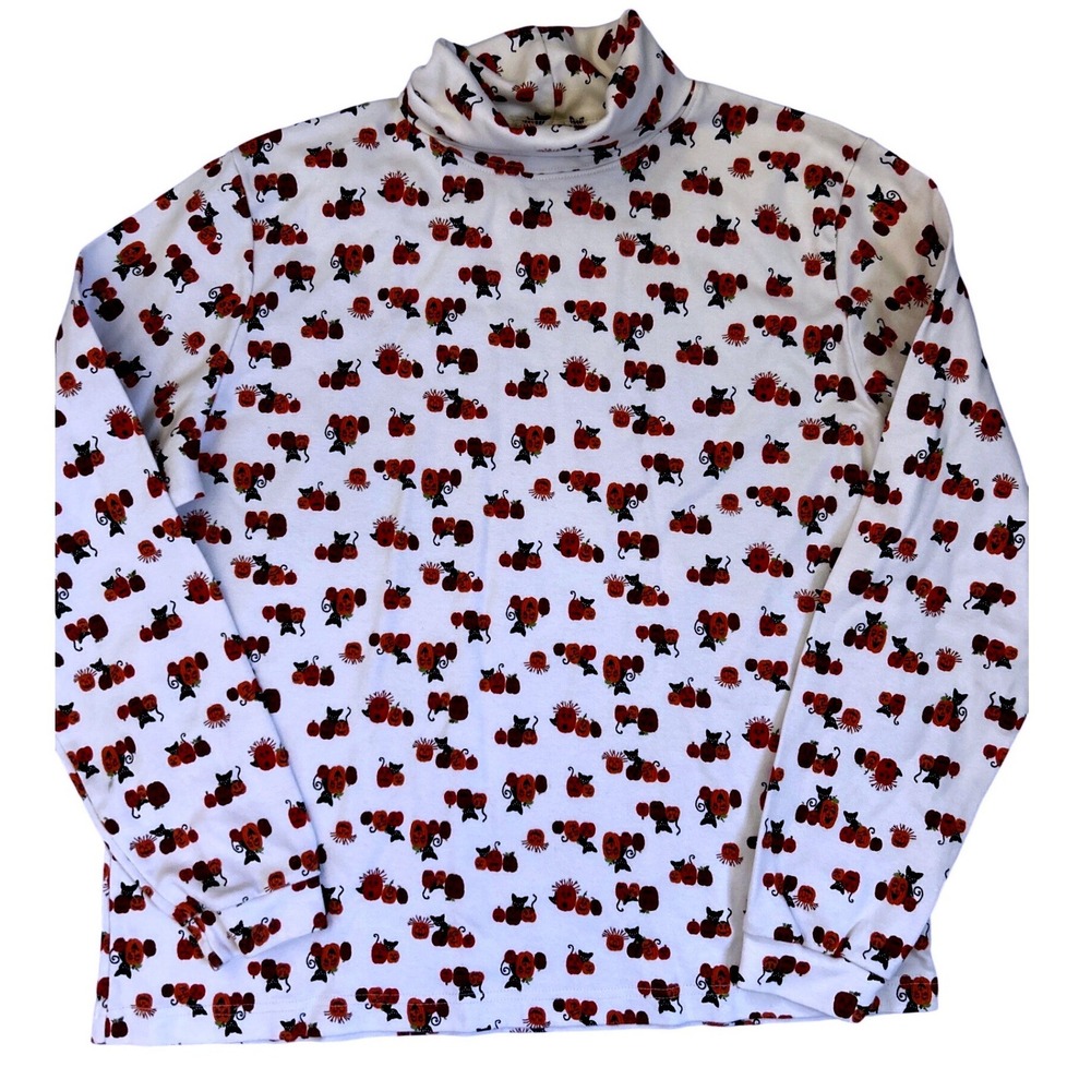 Northern Isles Turtleneck Top Women XL White Halloween Pumpkin Black Cat Print